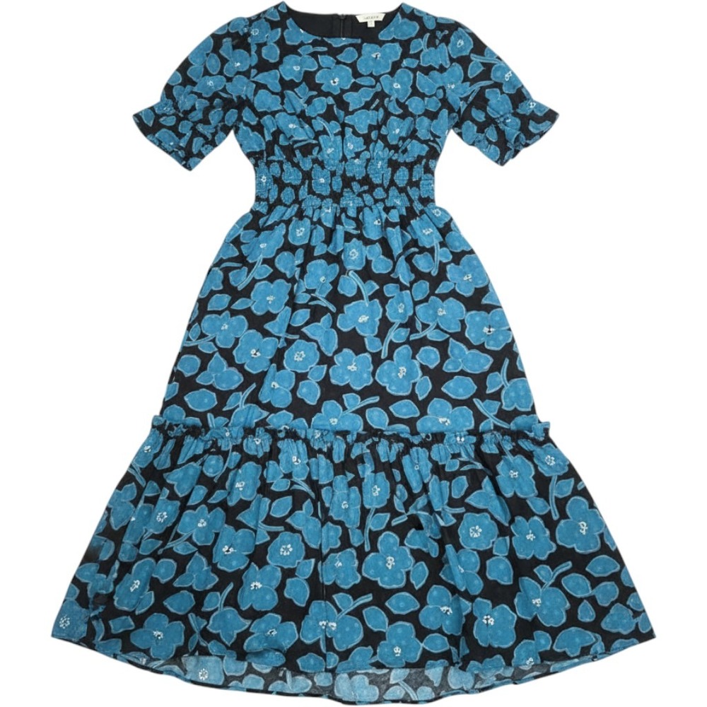 Kate Spade New York Blue Floral Clip Dot Smocked Midi Dress Size M Puff Sleeve